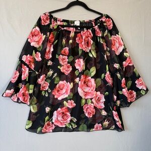 Ahto Womens Forest Fairy Floral Blouse L Bell Sleeve Boho Sheer Off Shoulder